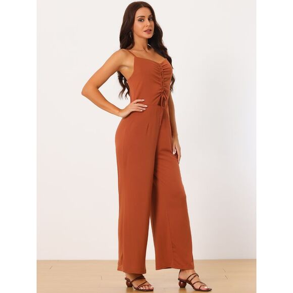 Ruched Drawstring Front Sleeveless Wide Leg Long Jumpsuits Brick Red - Picture 2 of 6